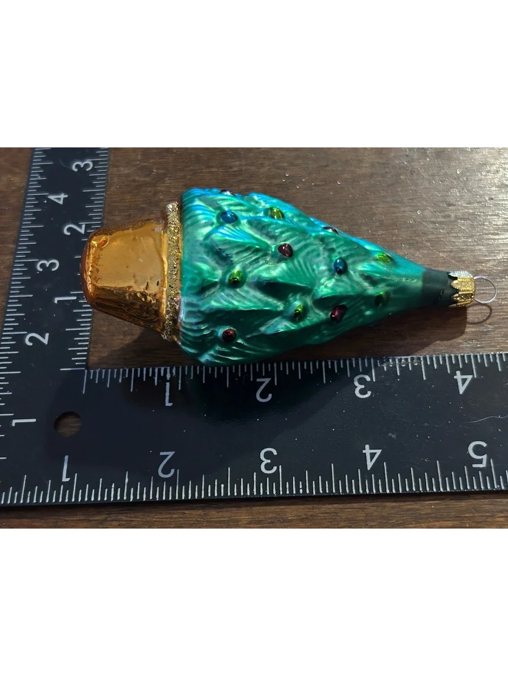 Vintage Green Glass Christmas Tree Ornament with Colorful Beads